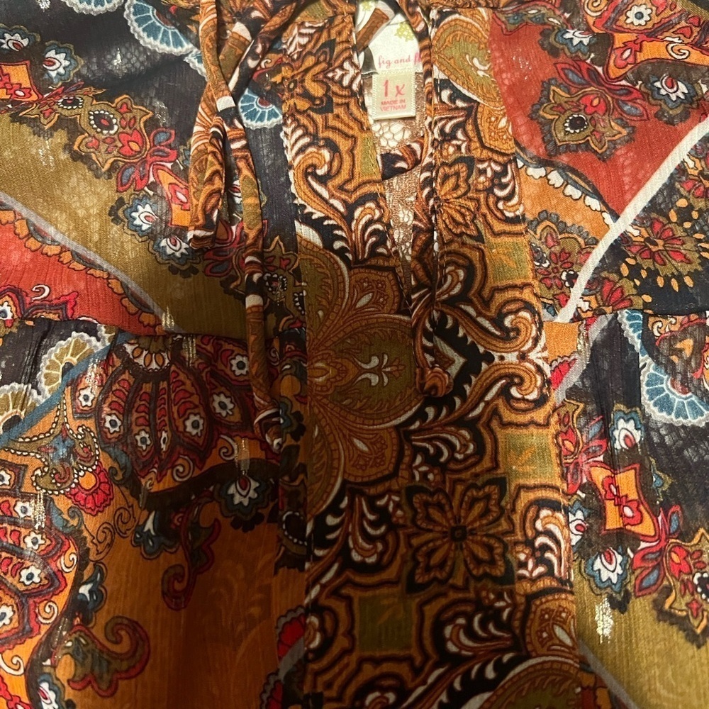 EUC Fig and Flower Anthroplologie Earthtones Patchwork Semi-Sheer Tunic XL (E3) - Picture 4 of 9